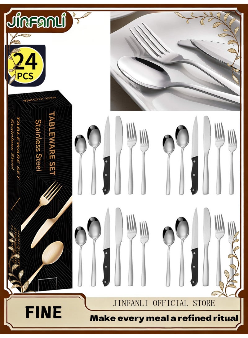 جين فان ل أنا طقم أدوات مائدة من 24 قطعة مع سكاكين شرائح اللحم تكفي 4 أشخاص، طقم أدوات مائدة من الفولاذ المقاوم للصدأ، طقم أدوات مائدة مصقولة بمرآة، طقم أدوات مائدة للمطبخ المنزلي، يتضمن طقم شوكة وسكين وملعقة - Image 1